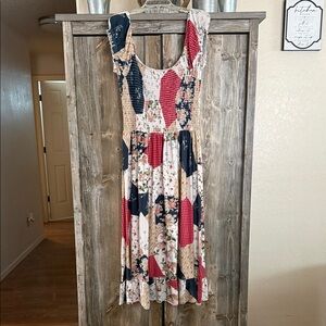 Urban Outfitters Patchwork Midi Dress - Red, Blue, Cream